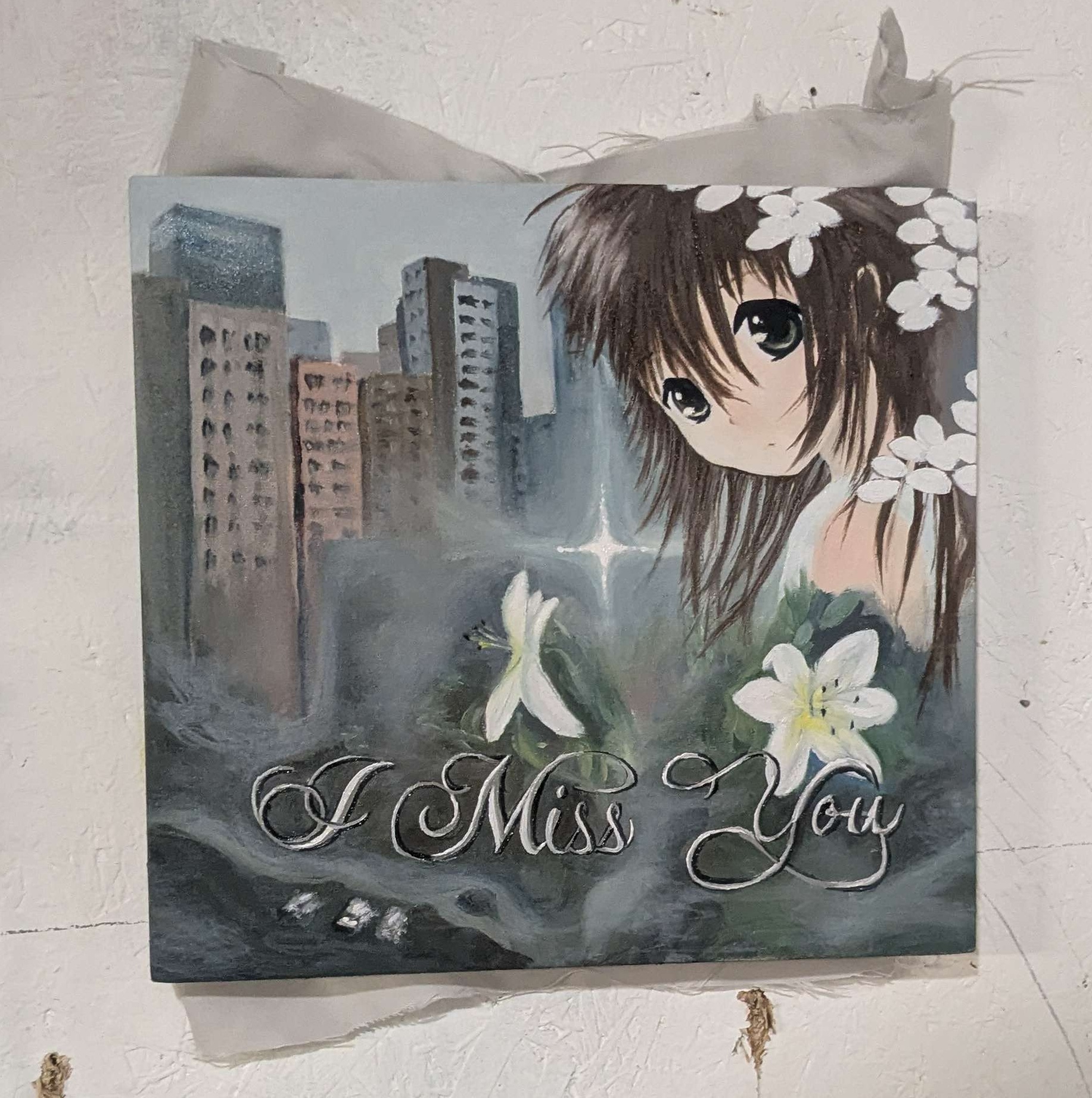 anime girl and i miss you text in an oil painting
